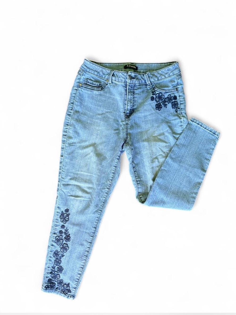 Woman’s petite straight leg cropped jeans embroidered flowers 14P